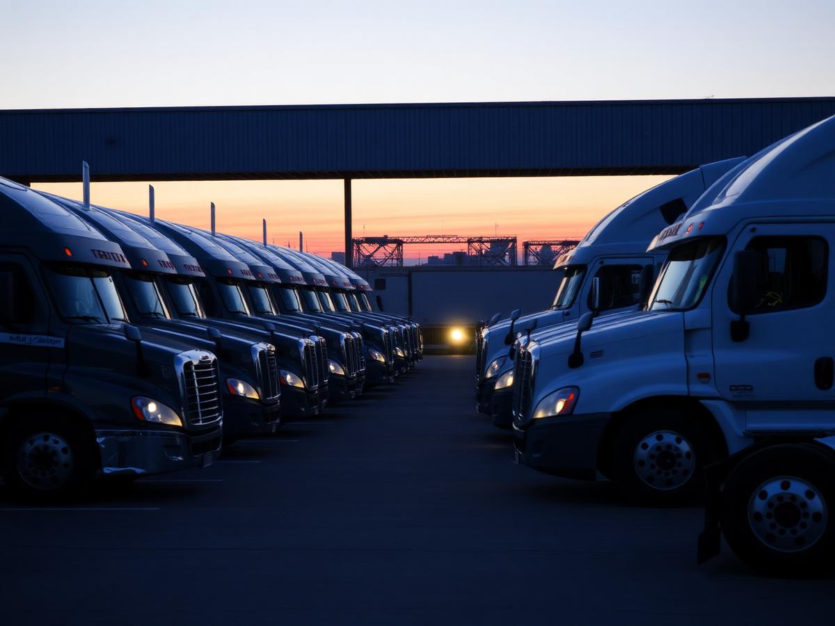 Row of semi trucks parked in a fleet yard at dawn