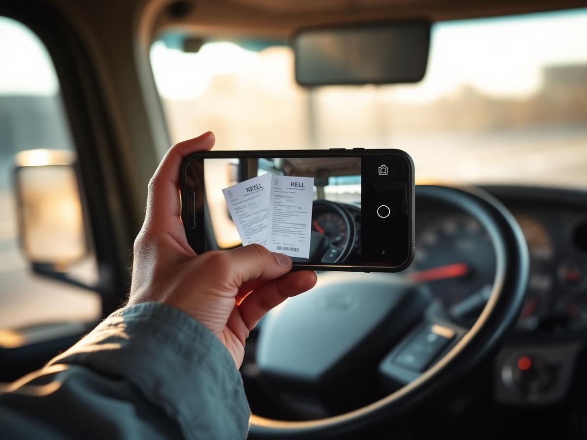 Driver photographing a fuel receipt with a phone inside the truck cab